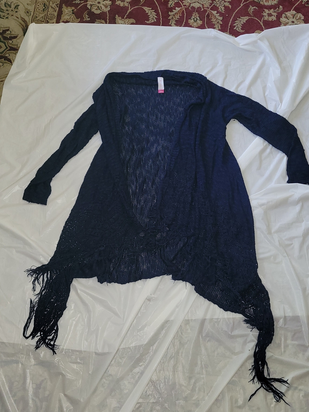 No Boundaries Navy Open-Front Fringe Knit Shrug